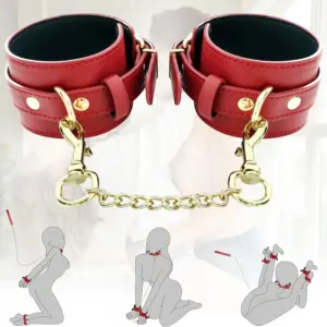 Red Leather BDSM Slave Restraint Kit - Adjustable Hand/Ankle Cuffs, Collar with Leash & Whip - Couples SM Role-Play Bondage Set 5