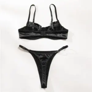 Shiny Black PVC Lingerie Set - Underwire Support + Adjustable Straps - Sexy Semi-Transparent Latex Bra & Thong Erotic Underwear 2