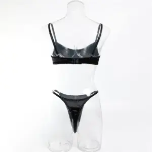 Shiny Black PVC Lingerie Set - Underwire Support + Adjustable Straps - Sexy Semi-Transparent Latex Bra & Thong Erotic Underwear 4