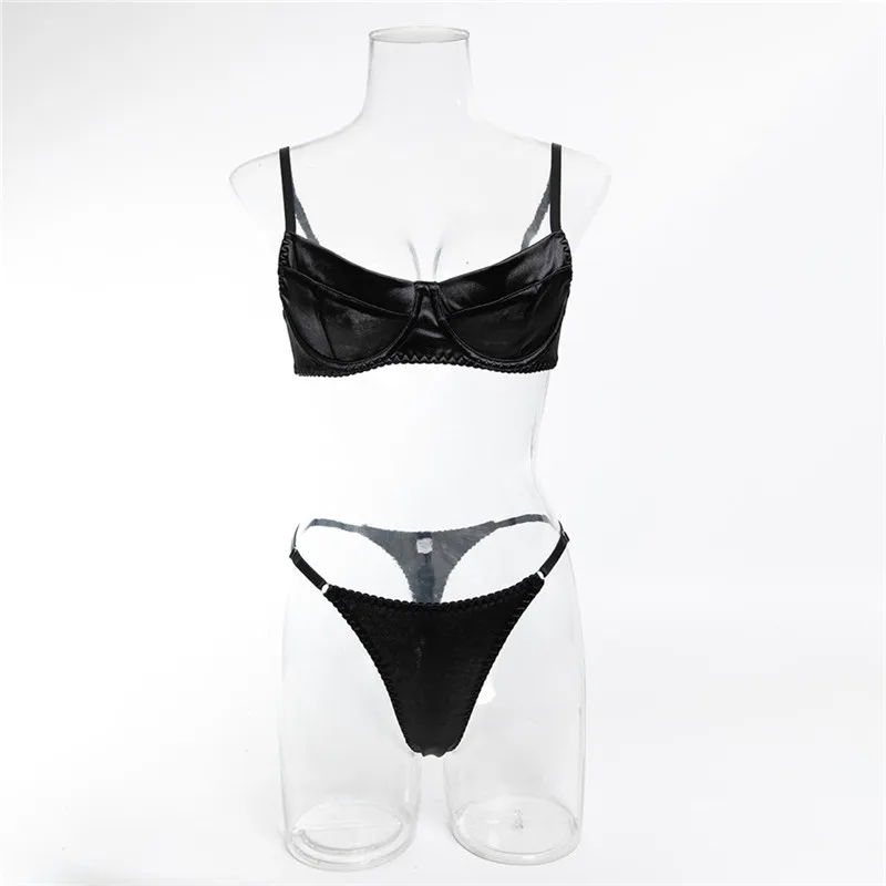 Shiny Black PVC Lingerie Set - Underwire Support + Adjustable Straps - Sexy Semi-Transparent Latex Bra & Thong Erotic Underwear 3