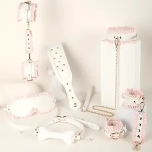 Pink & White Leather BDSM Cute Bondage Kit - Frilled Cuffs, Collar, Bone Gag & Paddle - Couples Adorable SM / Pet Play Set 1