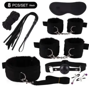 8-Piece Pink BDSM Bondage Kit - Fluffy Cuffs, Blindfold, Ball Gag, Whip & Rope - Beginner Couples Restraint Set 5