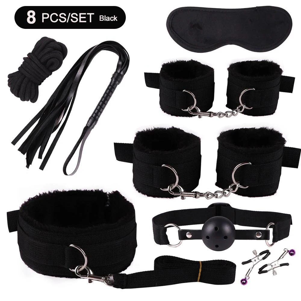 8-Piece Pink BDSM Bondage Kit - Fluffy Cuffs, Blindfold, Ball Gag, Whip & Rope - Beginner Couples Restraint Set 5
