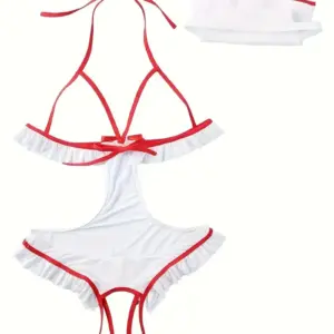 Sexy Nurse Role Play Lingerie Set - Red Cross Halter Straps + Frilly Lace - Adult Halloween / Couples Exotic Nurse Costume 5
