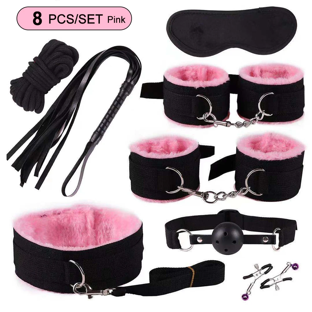 8-Piece Pink BDSM Bondage Kit - Fluffy Cuffs, Blindfold, Ball Gag, Whip & Rope - Beginner Couples Restraint Set 6