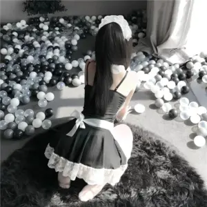 Sexy Maid Cosplay Costume Set - Japanese Black-White Lace Apron + Chain Bodice - Adult Anime Cafe Maid Outfit Erotic Lingerie 5