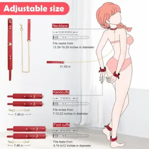 Red Leather BDSM Slave Restraint Kit - Adjustable Hand/Ankle Cuffs, Collar with Leash & Whip - Couples SM Role-Play Bondage Set 3