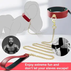 Red Leather BDSM Slave Restraint Kit - Adjustable Hand/Ankle Cuffs, Collar with Leash & Whip - Couples SM Role-Play Bondage Set 4