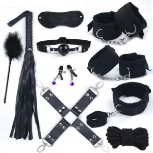 14/10/7-Piece BDSM Bondage Kit - Leather Cuffs, Collar, Gag, Whip, Tail Plug & Vibrator - Couples SM Role-Play Full Set 3
