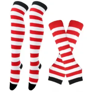 Striped Thigh High Socks & Arm Sleeves Set: Lolita Goth Cosplay Over-Knee Stockings with Fingerless Mittens 6