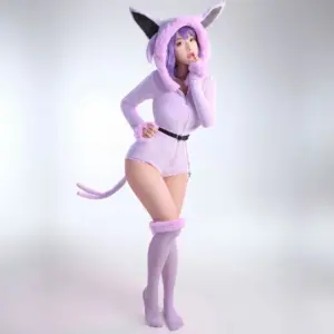 Mobbunny Espeon Inspired Hooded Plush Bodysuit Cosplay - Purple Fluffy Jumpsuit with Tail & Ears 3