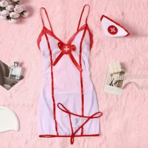 Sexy Sheer Mesh Naughty Nurse Lingerie - White Red Cami Mini Dress with Thong & Hat 1