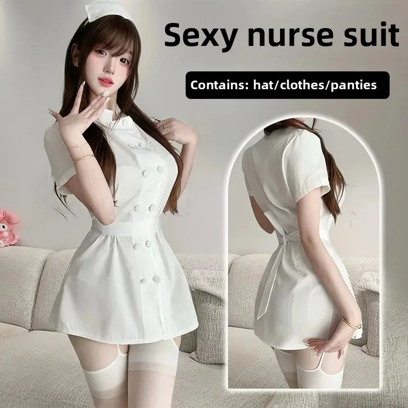 Sexy Nurse Lingerie Cosplay - White Pink Pure Love Nurse Outfit with Hat & Panties 1