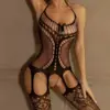 Fishnet Crotchless Teddy Bodysuit – Open Halter Lingerie with Garter Straps 4