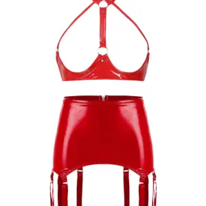YZYif Patent Leather Open-Cup Garter Set - Glossy High-Neck Hollow Bra Top + Mini Skirt + Metal Garters - Black/Red Erotic BDSM Queen Lingerie 4