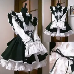 Elegant Black and White Maid Cosplay Dress - Kawaii Lolita Style with Apron and Bow Accents 1