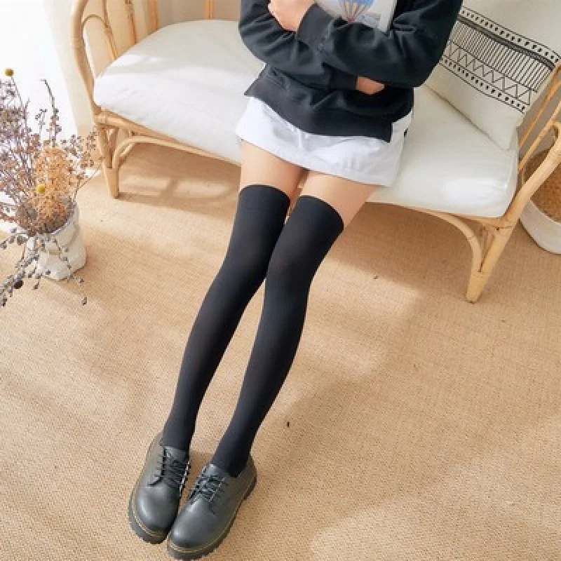 Lolita Thigh-High Socks – Solid Color Over-Knee Tights Black/White 2