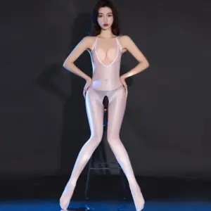 Silky Deep V Strapless Crotchless Bodystocking – Sheer Halter Teddy 3