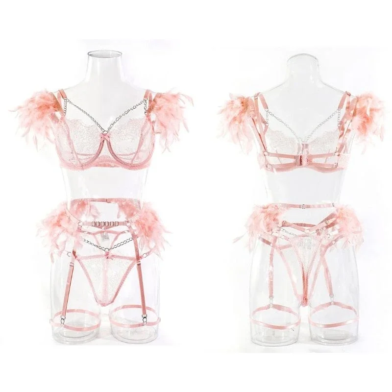 Feather Transparent Lingerie Set - Pink Chain Lace Bra & Thong - Luxury Sexy Angel Feather Exotic Underwear 6