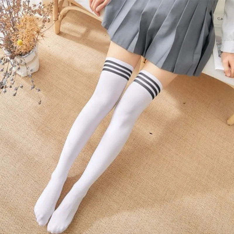 Lolita Thigh-High Socks – Solid Color Over-Knee Tights Black/White 3
