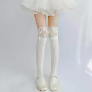 Lace Ribbon Tie Thigh-High Stockings - Cute Lolita Over-Knee Socks with Bow Cuffs (White/Pink 2-Pair Set) 5