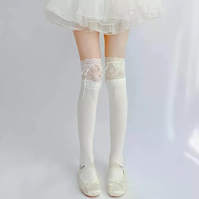 Lace Ribbon Tie Thigh-High Stockings - Cute Lolita Over-Knee Socks with Bow Cuffs (White/Pink 2-Pair Set) 5
