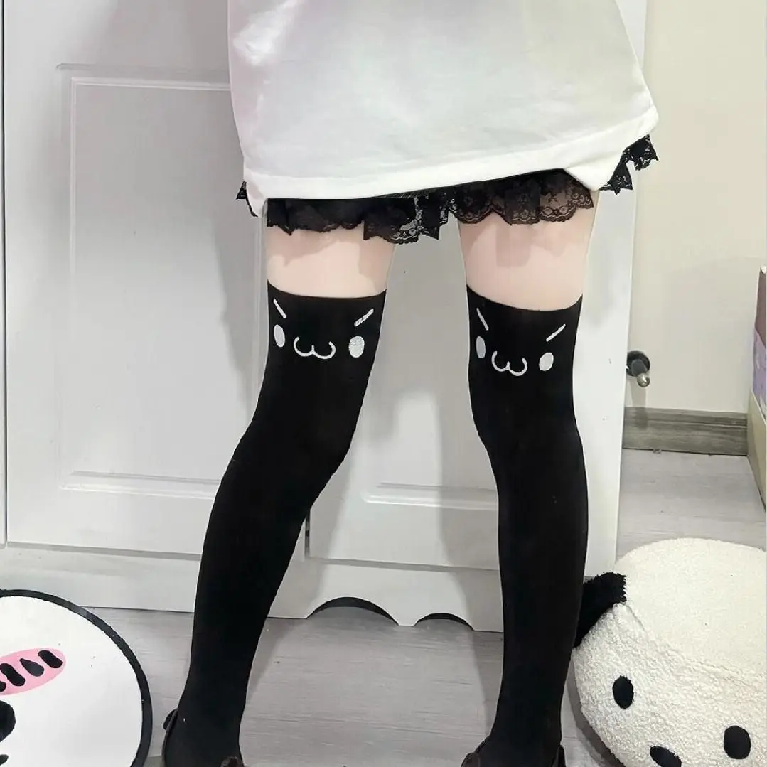 Kawaii Cat Expression Thigh-High Stockings - Cute Printed Over-Knee Socks (White/Black, Harajuku JK Style) 6