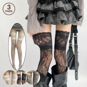Floral Lace Fishnet Thigh-High Stockings - Y2K JK Lolita Over-Knee Mesh Socks (Black, 1/3 Pairs) 1