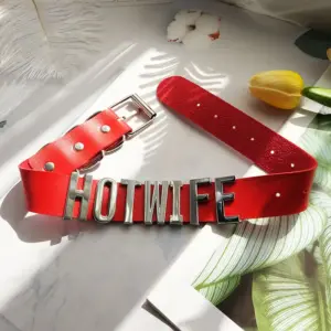 HOTWIFE Letter Choker – Red PU Leather Adjustable Collar, Couple Role-Play Fashion Accessory 2