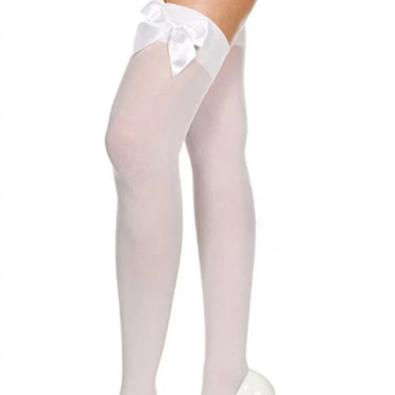 Cute Bow Over-the-Knee Stockings - Sheer Thigh-High with Satin Bows (White/Black + Pink/Red Bow Options) 6