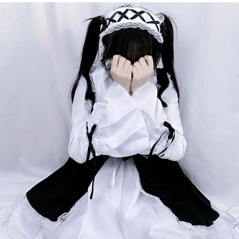 Elegant Black and White Maid Cosplay Dress - Kawaii Lolita Style with Apron and Bow Accents 3