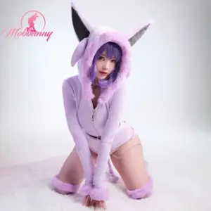 Mobbunny Espeon Inspired Hooded Plush Bodysuit Cosplay - Purple Fluffy Jumpsuit with Tail & Ears 1