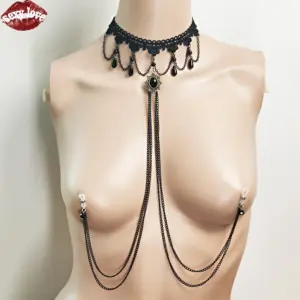 Lace Choker with Multi-Layer Breast Chain & Nipple Clamps – Black Gothic Palace Style Body Chain, Sexy Chest Harness Jewelry 5