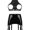 YZYif Patent Leather Open-Cup Garter Set - Glossy High-Neck Hollow Bra Top + Mini Skirt + Metal Garters - Black/Red Erotic BDSM Queen Lingerie 1