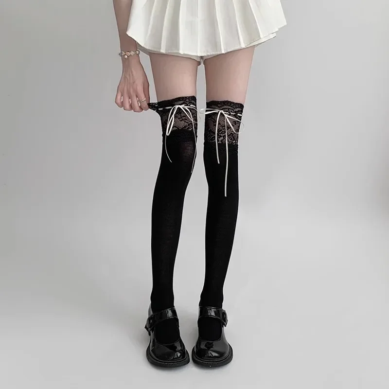 Lace Ribbon Tie Thigh-High Stockings - Cute Lolita Over-Knee Socks with Bow Cuffs (White/Pink 2-Pair Set) 6