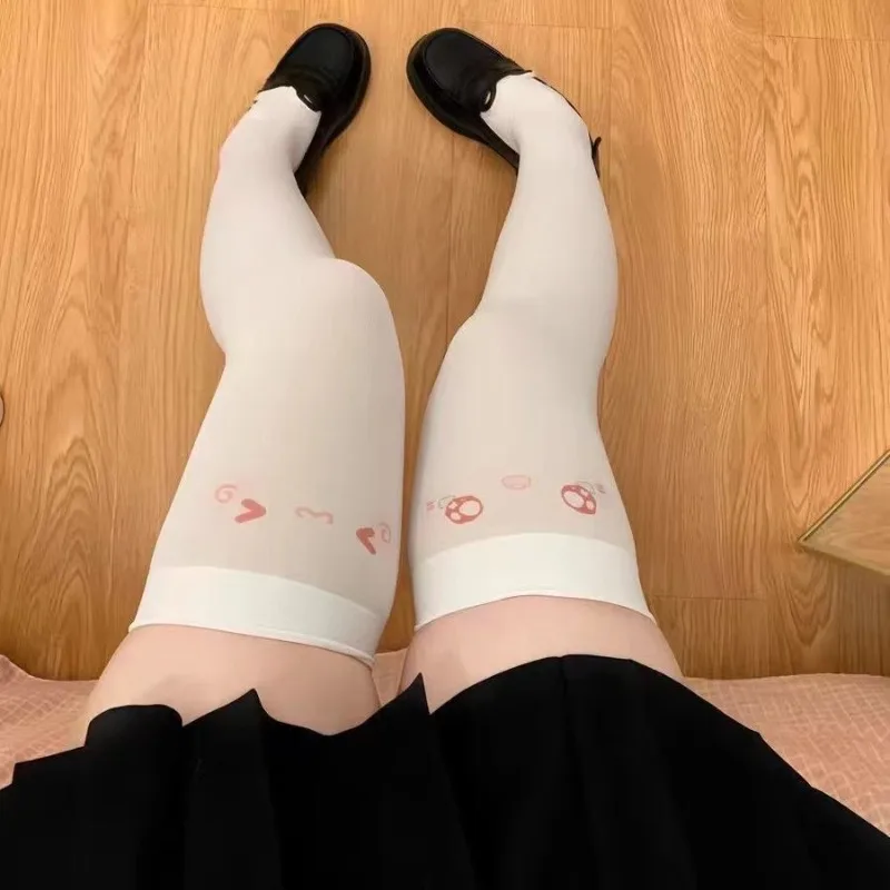 Kawaii Cat Expression Thigh-High Stockings - Cute Printed Over-Knee Socks (White/Black, Harajuku JK Style) 2
