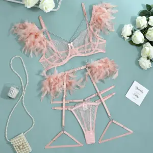 Feather Transparent Lingerie Set - Pink Chain Lace Bra & Thong - Luxury Sexy Angel Feather Exotic Underwear 2