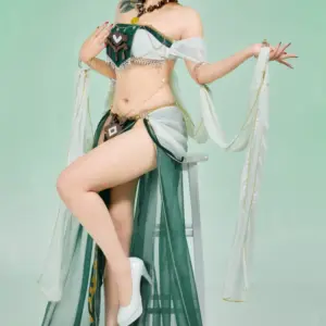Princess Zelda Derivative Sexy Dance Lingerie Costume - Green Sheer Skirt Top with Headpiece & Necklace 3