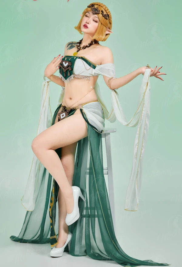 Princess Zelda Derivative Sexy Dance Lingerie Costume - Green Sheer Skirt Top with Headpiece & Necklace 3