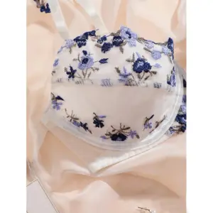 Floral Embroidery See-Through Lingerie Set - Blue-Purple Push-Up Bra & Thong - White Semi-Transparent Lace Luxury 2-Piece Exotic Underwear 2