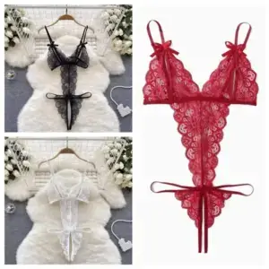 Lace Hollow Bodysuit - Deep V Bow Sling Sheer Erotic Nightwear 5