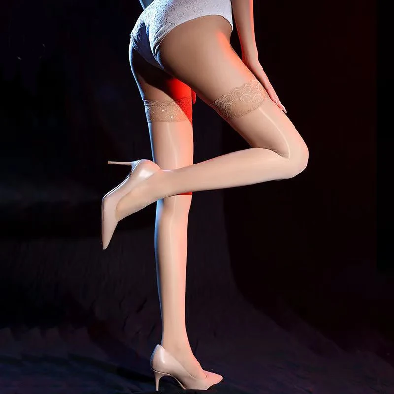 Horse Oil Glossy Thigh-High Stockings with Lace & Silicone Grip - Ultra-Thin Sexy Sheer Hosiery for Women 4