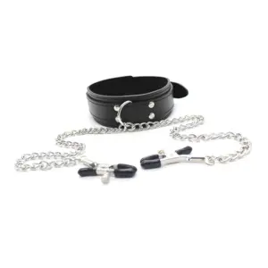 leather choker with nipple clamp chain metal chain linked breast clips couples light bondage accessory adjustable collar 1