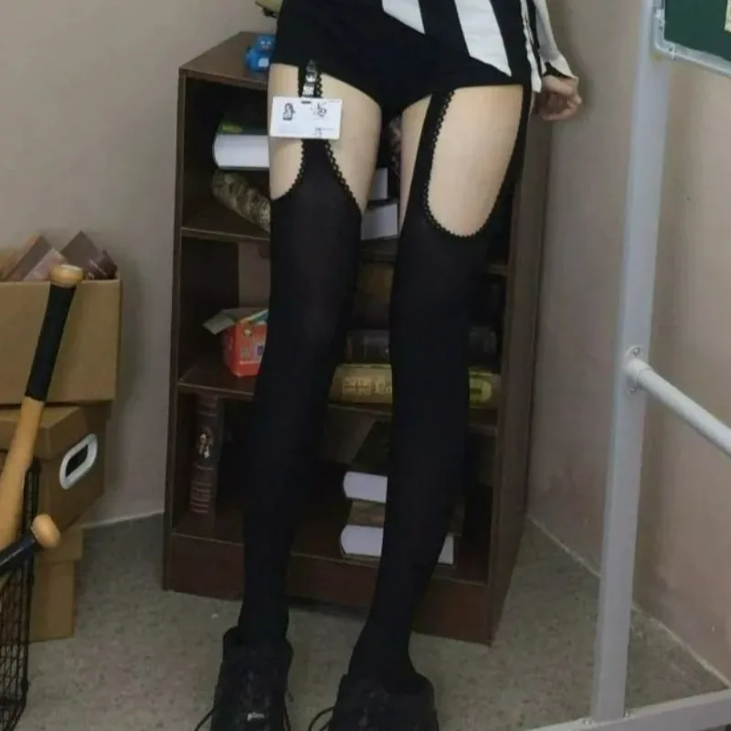 Y2K Suspender Thigh-High Stockings with Thigh Cutouts & Garters - Wide Lace Velvet Tights (Black/White, Lolita JK Style) 3