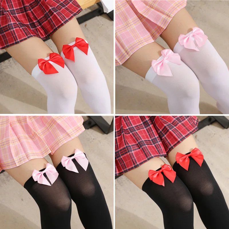 Pink Bow Stay-Up Thigh-High Stockings - Sweet Kawaii Sheer Silk Socks with Oversized Bows (White/Pink/Black) 3