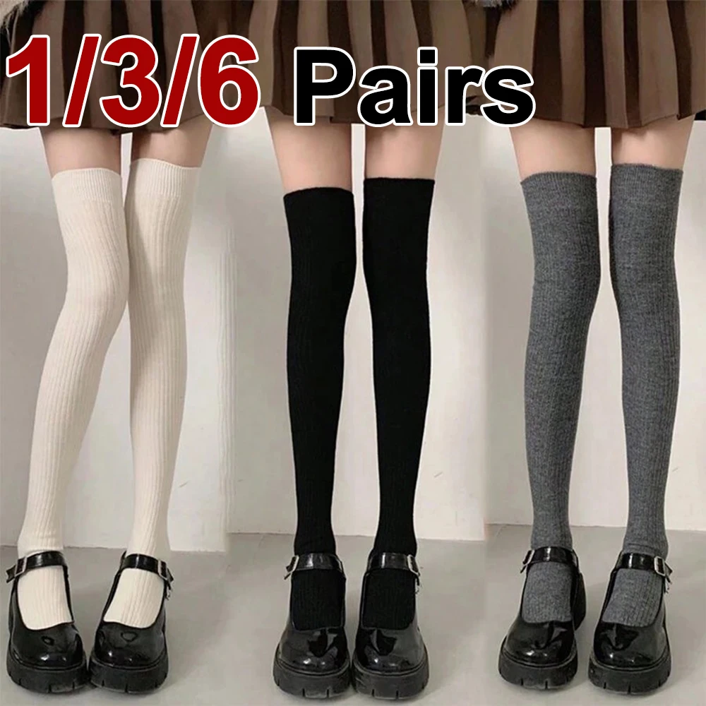 Classic Ribbed Over-the-Knee Stockings - 1/3/6 Pairs Solid Color Thigh-High Socks for Women (White/Black/Gray) 1