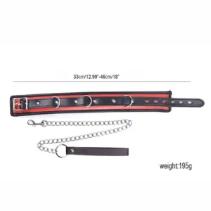 Red & Black Leather Bondage Collar – Thick Sponge Padding + Metal Chain Leash Ring, Light to Medium BDSM Restraint Collar 4