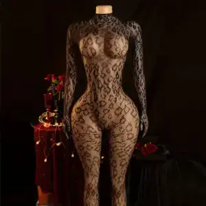 Sexy Leopard Fishnet Bodysuit - Long Sleeve High Stretch Deep Backless Sheer Stocking 2