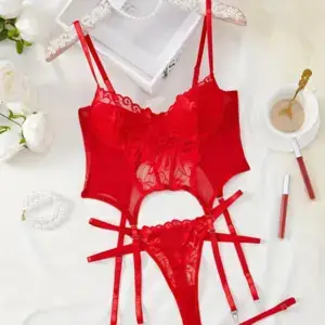 Ericalama Lace Garter Bodysuit Set - Sheer Mesh Push-Up Lingerie with Thong & Straps 3