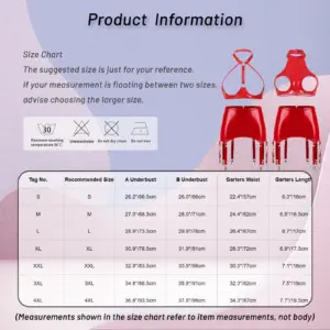 YZYif Patent Leather Open-Cup Garter Set - Glossy High-Neck Hollow Bra Top + Mini Skirt + Metal Garters - Black/Red Erotic BDSM Queen Lingerie 6